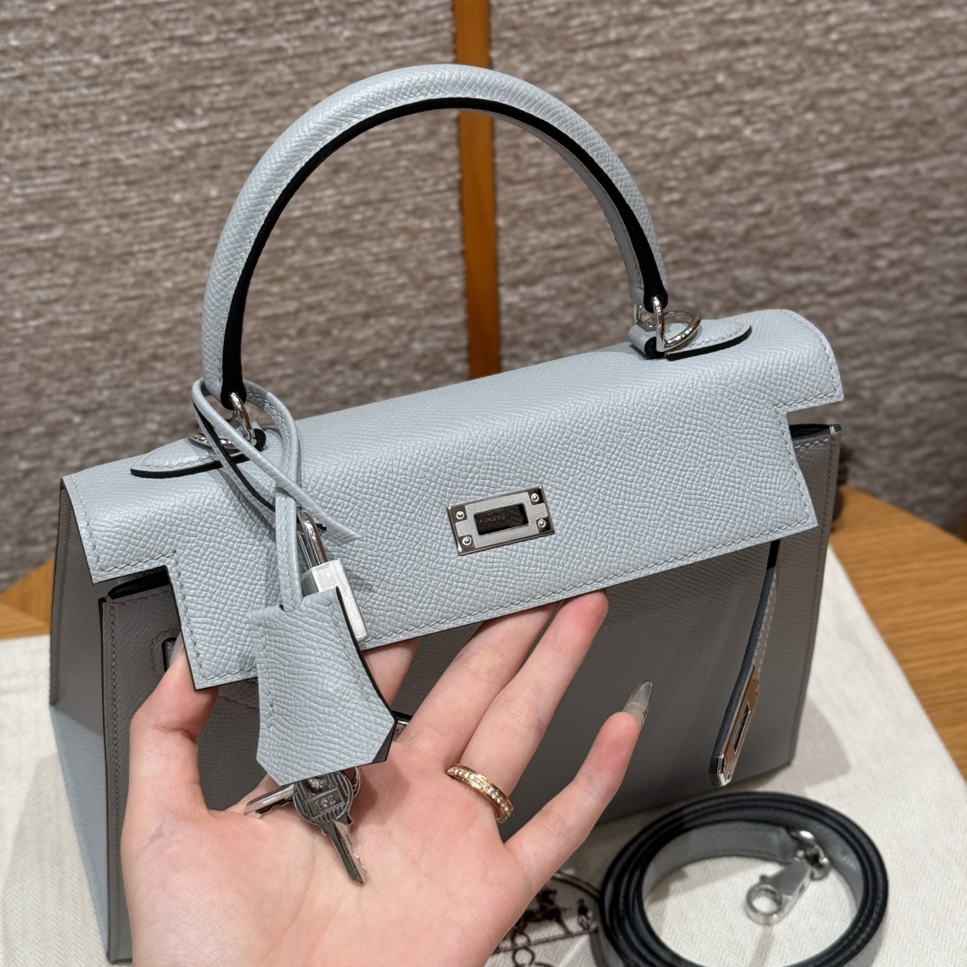 高仿Hermes*Kelly25系列H043110EPJ7亞麻藍銀牛皮純手工