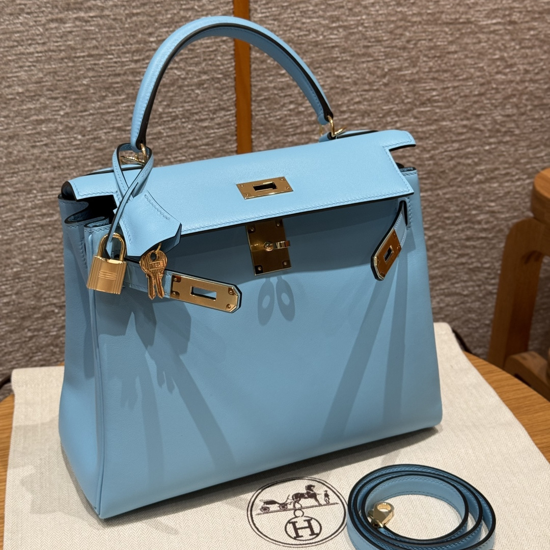 高仿Hermes*Kelly28系列H043230SW7N糖果藍金扣牛皮純手工