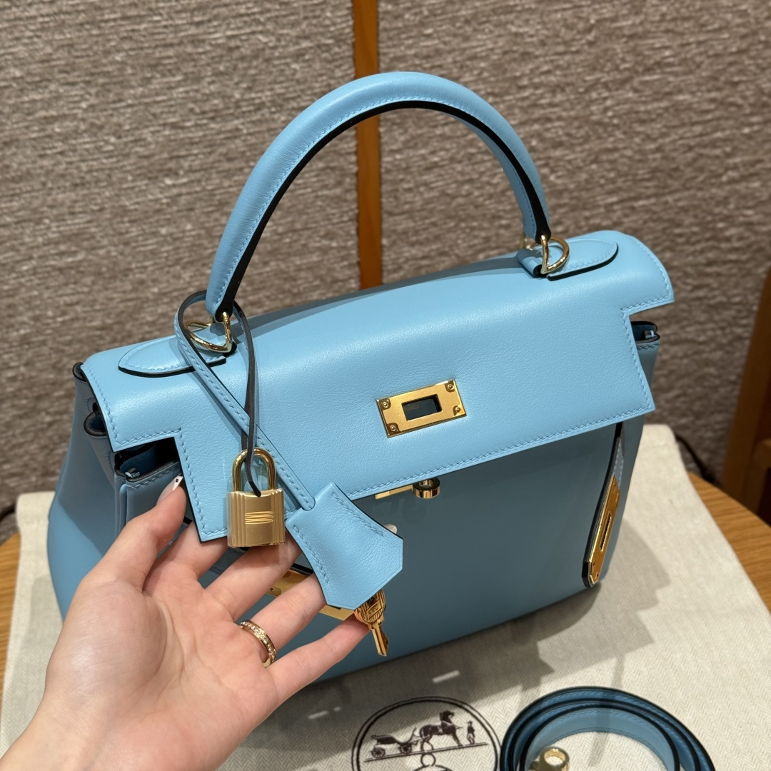 高仿Hermes*Kelly28系列H043230SW7N糖果藍金扣牛皮純手工
