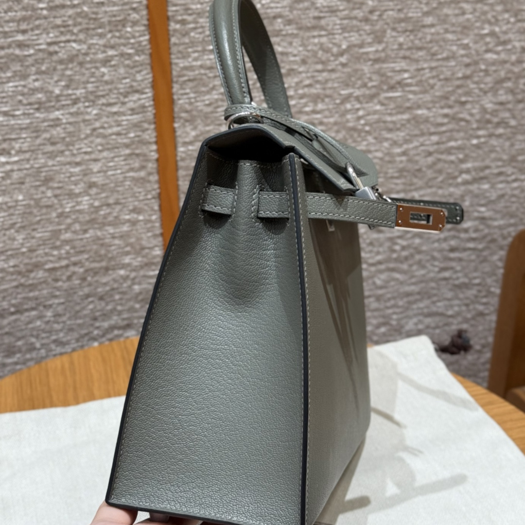 高仿Hermes*Kelly25系列H043110CA0L積雨雲灰山羊皮銀扣純手工
