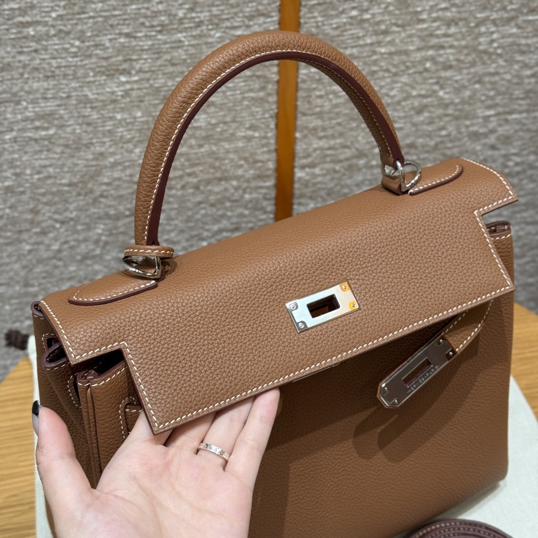 高仿Hermes*Kelly28系列H043230TC37金棕色銀扣牛皮純手工