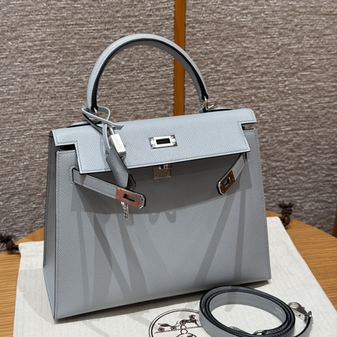 高仿Hermes*Kelly25系列H043110EPJ7亞麻藍銀牛皮純手工