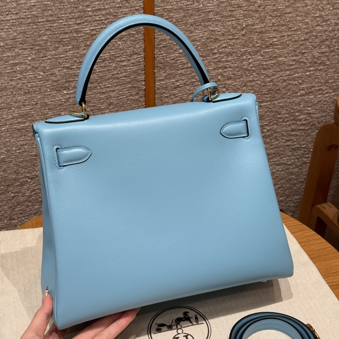 高仿Hermes*Kelly28系列H043230SW7N糖果藍金扣牛皮純手工