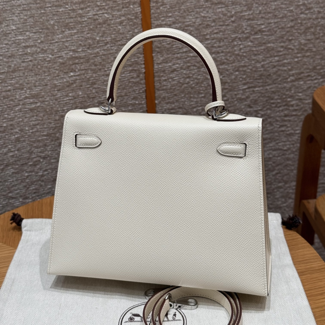 高仿Hermes*Kelly25系列H043110EPI2奶油白銀扣牛皮純手工