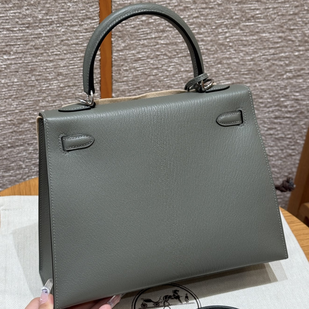 高仿Hermes*Kelly25系列H043110CA0L積雨雲灰山羊皮銀扣純手工