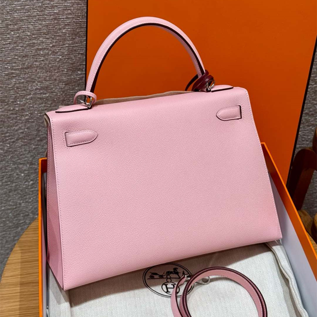 高仿Hermes*Kelly32系列H043150EP3Q櫻花粉銀扣牛皮純手工