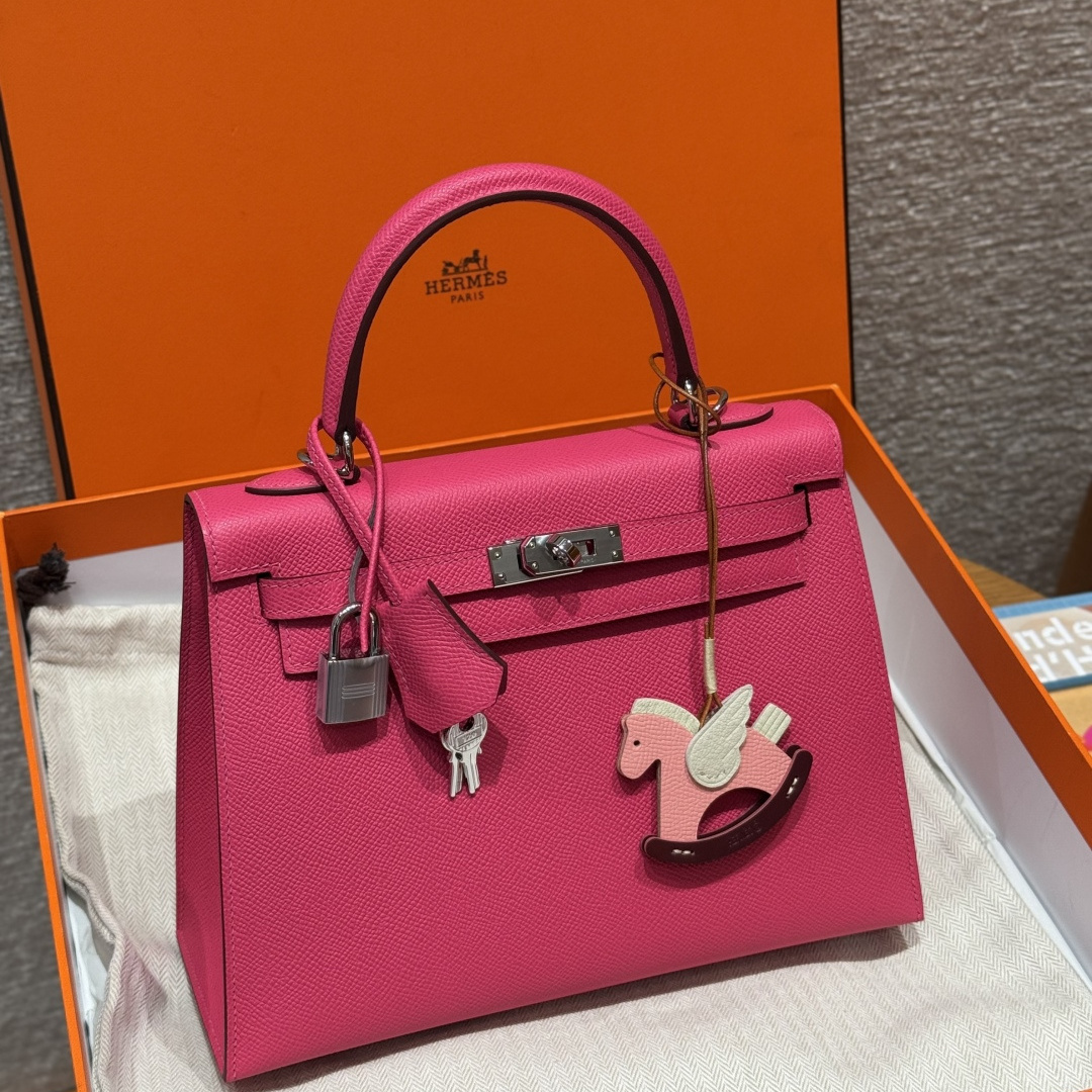 高仿Hermes*Kelly25系列H043110EPI6極致粉銀扣牛皮純手工