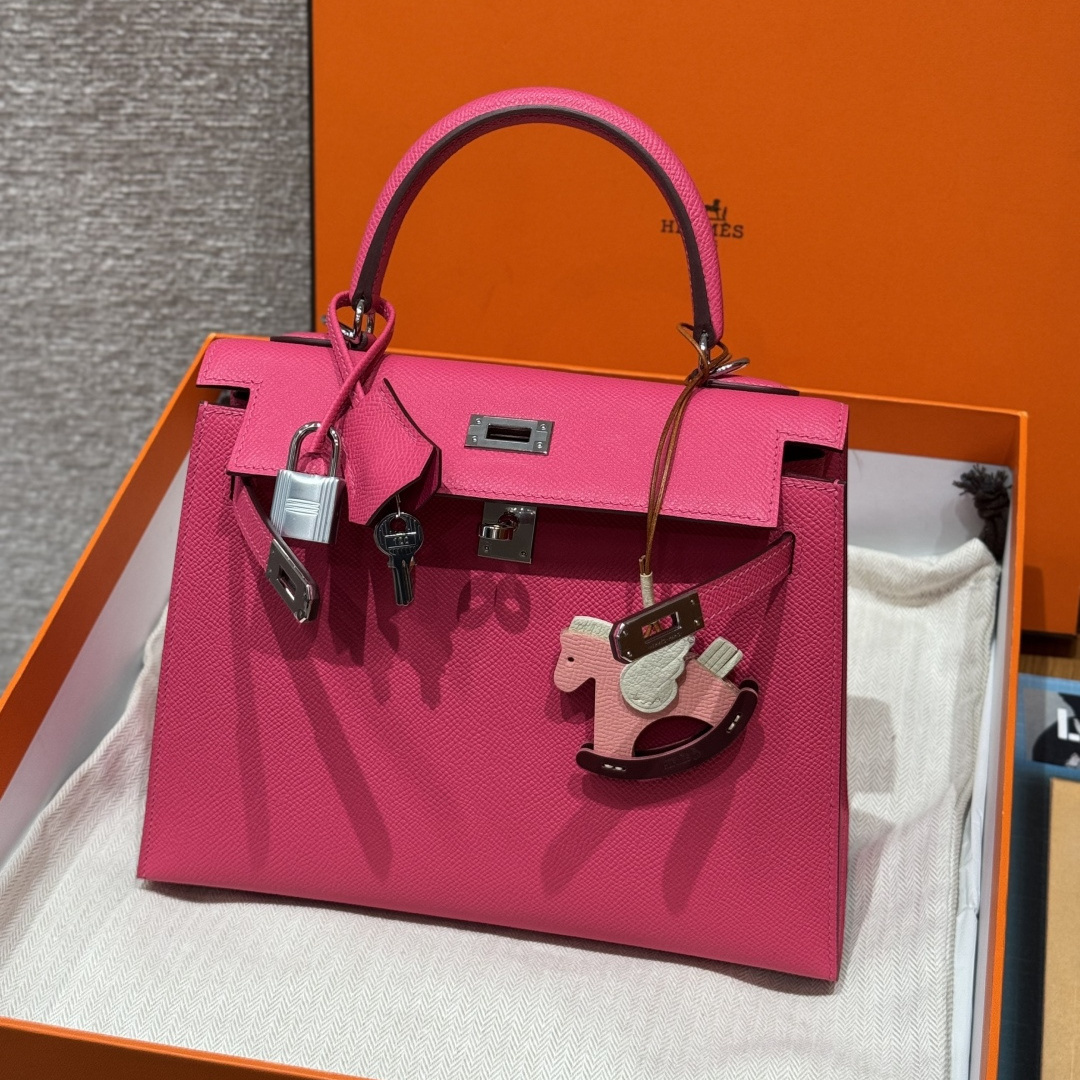 高仿Hermes*Kelly25系列H043110EPI6極致粉銀扣牛皮純手工