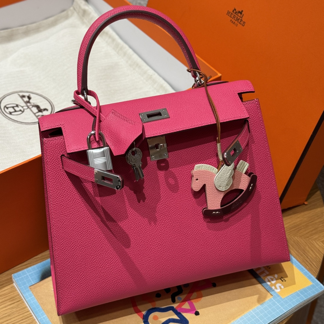 高仿Hermes*Kelly25系列H043110EPI6極致粉銀扣牛皮純手工