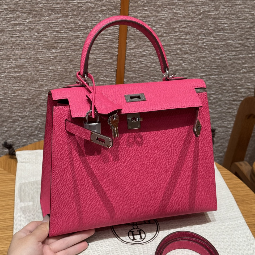 高仿Hermes*Kelly25系列H043110EPI6極致粉銀扣牛皮純手工