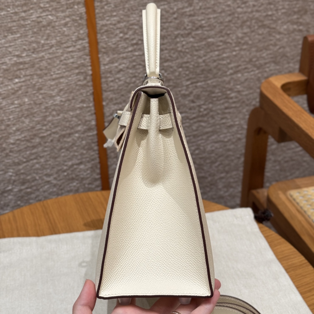 高仿Hermes*Kelly25系列H043110EPI2奶油白銀扣牛皮純手工
