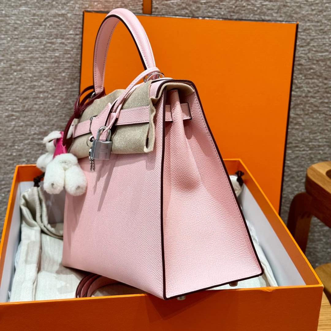 高仿Hermes*Kelly32系列H043150EP3Q櫻花粉銀扣牛皮純手工