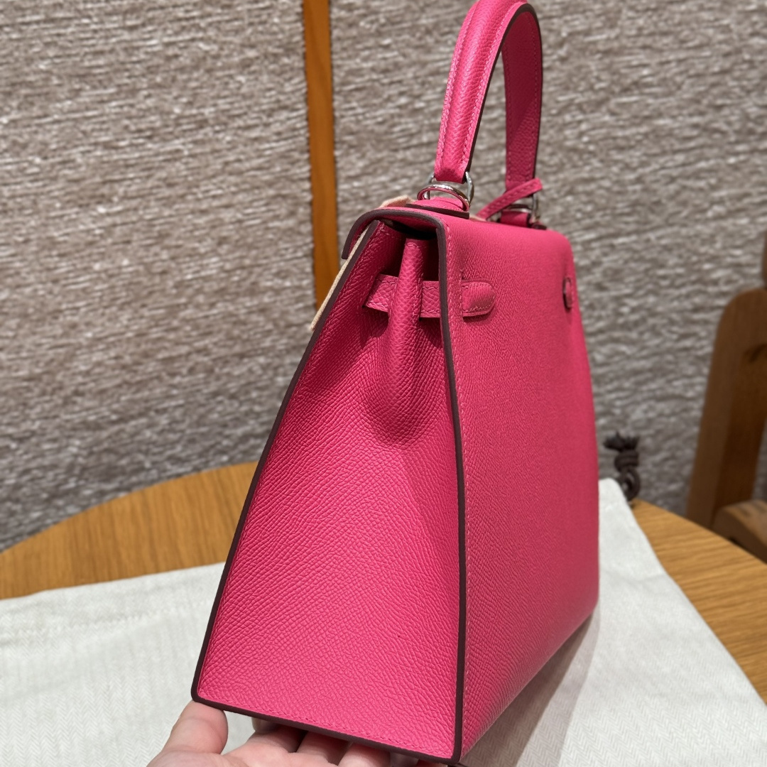 高仿Hermes*Kelly25系列H043110EPI6極致粉銀扣牛皮純手工