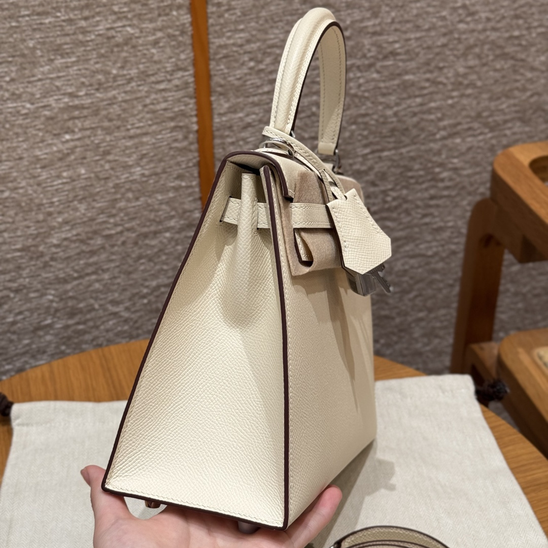 高仿Hermes*Kelly25系列H043110EPI2奶油白銀扣牛皮純手工