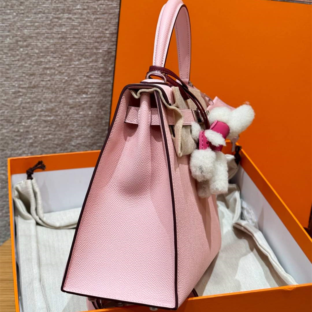 高仿Hermes*Kelly32系列H043150EP3Q櫻花粉銀扣牛皮純手工