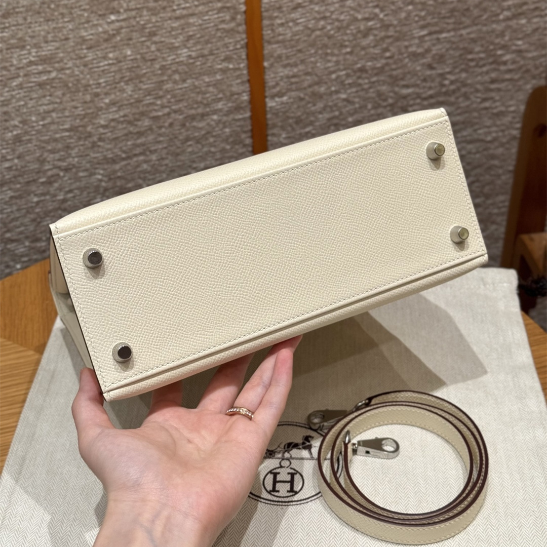高仿Hermes*Kelly25系列H043110EPI2奶油白銀扣牛皮純手工