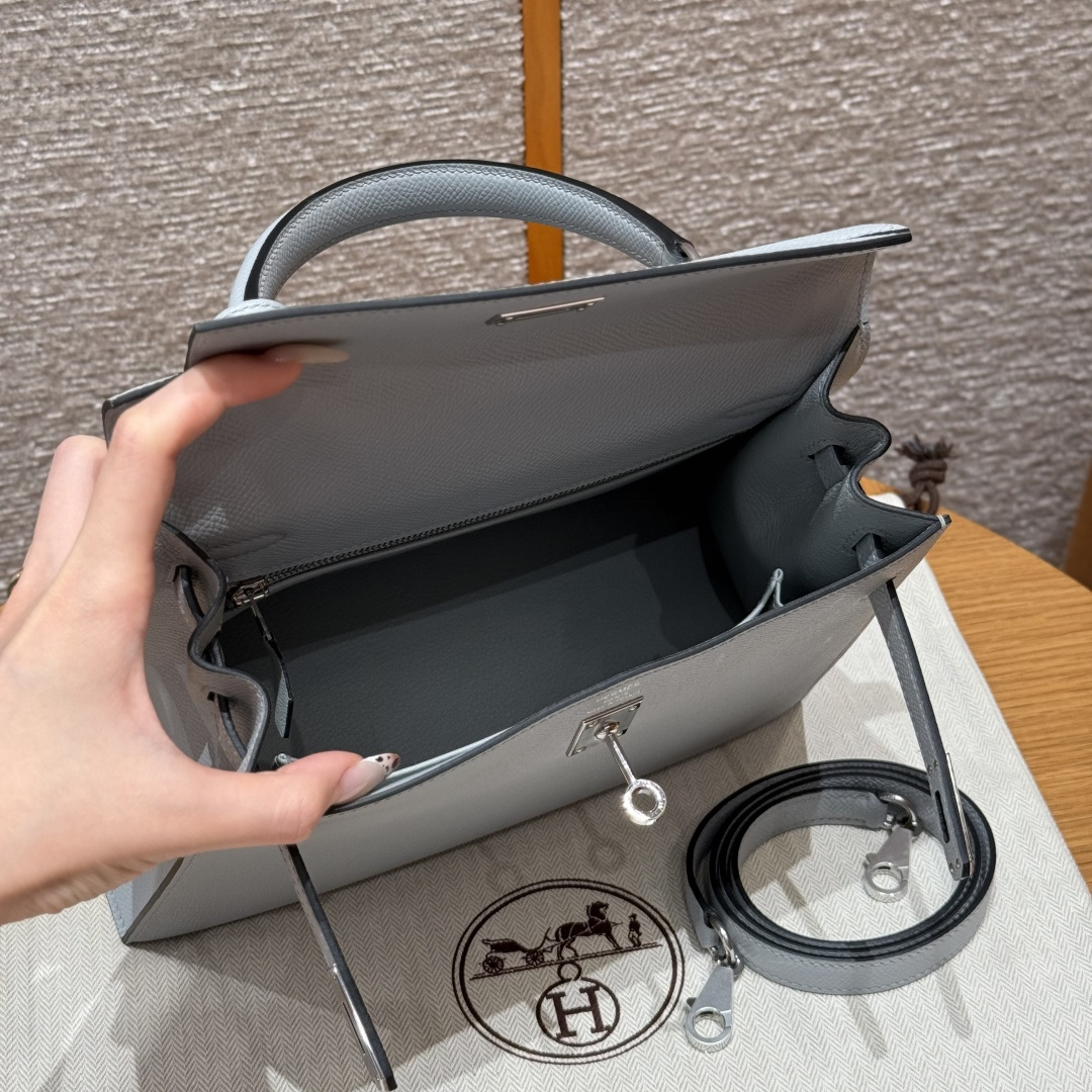 高仿Hermes*Kelly25系列H043110EPJ7亞麻藍銀牛皮純手工