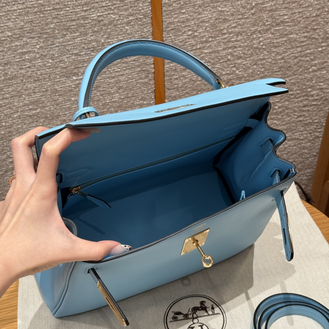 高仿Hermes*Kelly28系列H043230SW7N糖果藍金扣牛皮純手工