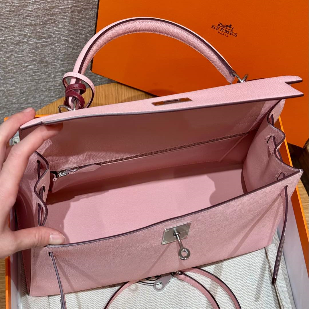 高仿Hermes*Kelly32系列H043150EP3Q櫻花粉銀扣牛皮純手工