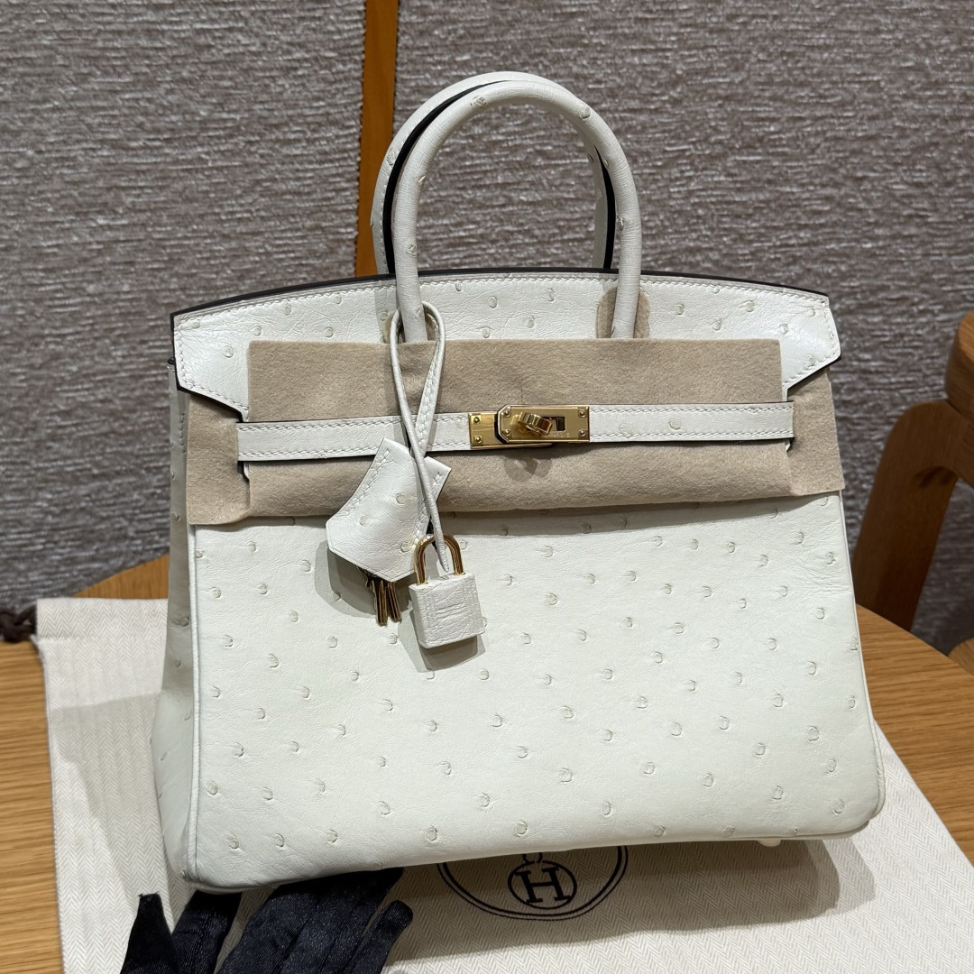 高仿Hermes*Birkin25系列H041344OS3C羊毛白鴕鳥皮金扣純手工