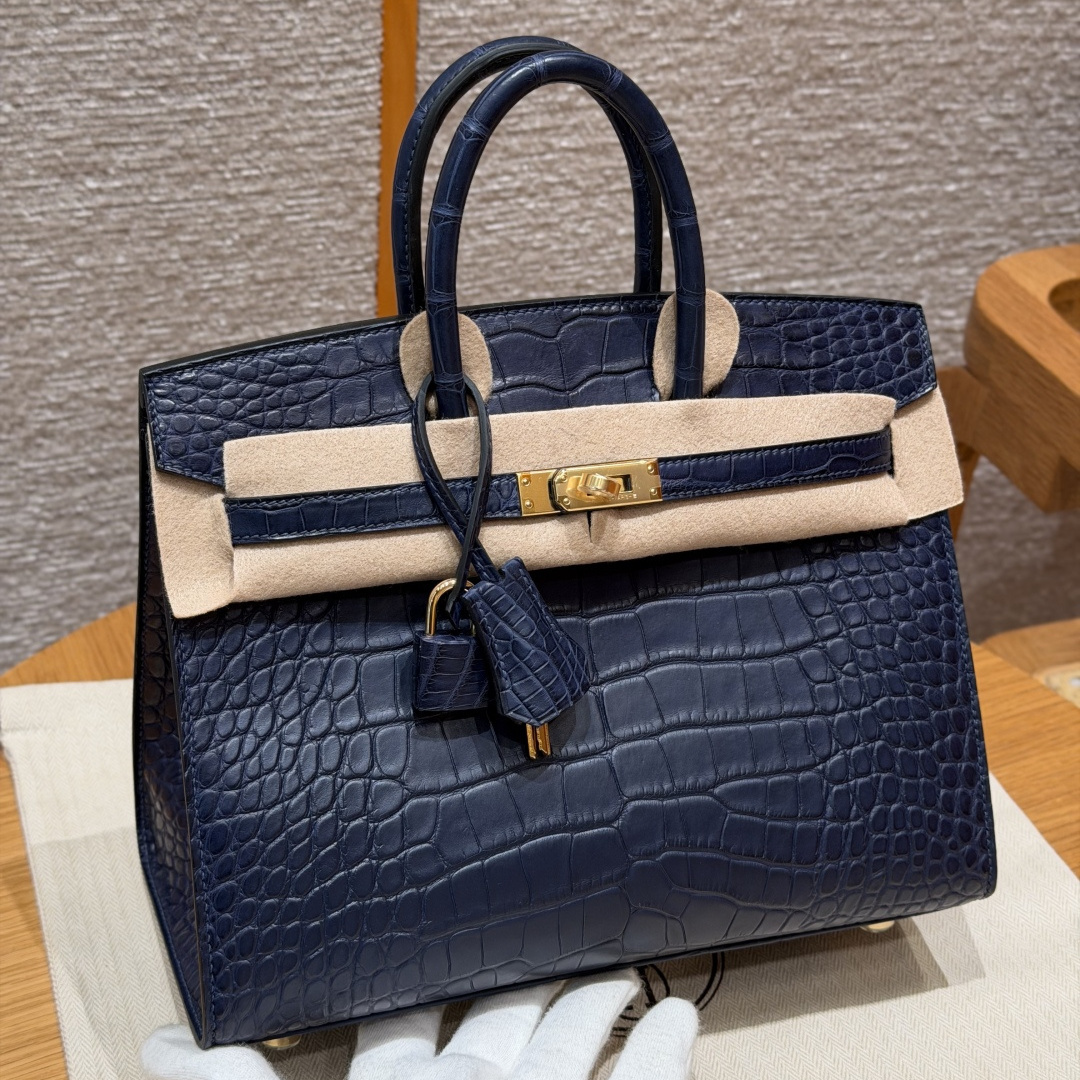 高仿Hermes*Birkin25系列H073178CM37寶石藍鱷魚皮金扣純手工