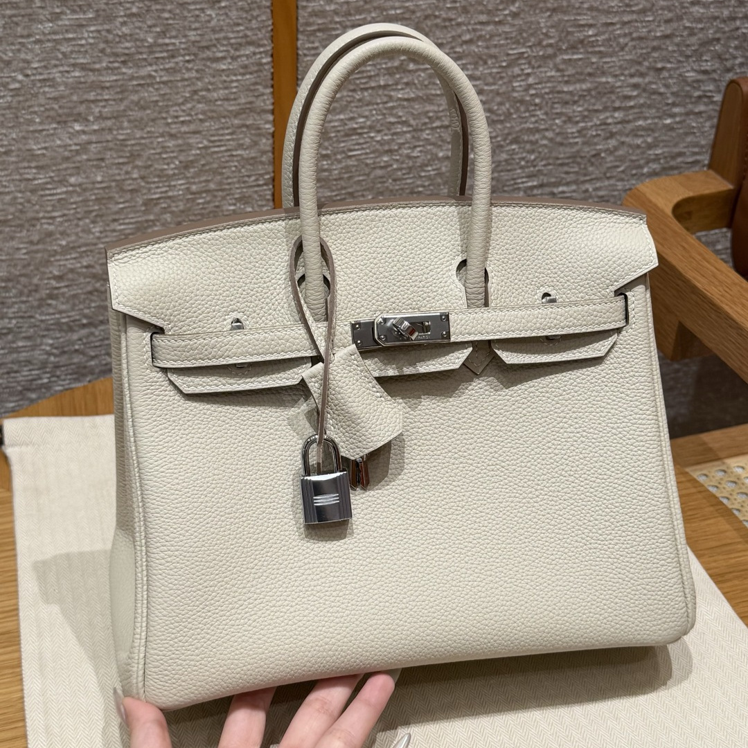 高仿Hermes*Birkin25系列H041344BO1057奶昔白拼波爾多紅牛皮銀扣純手工