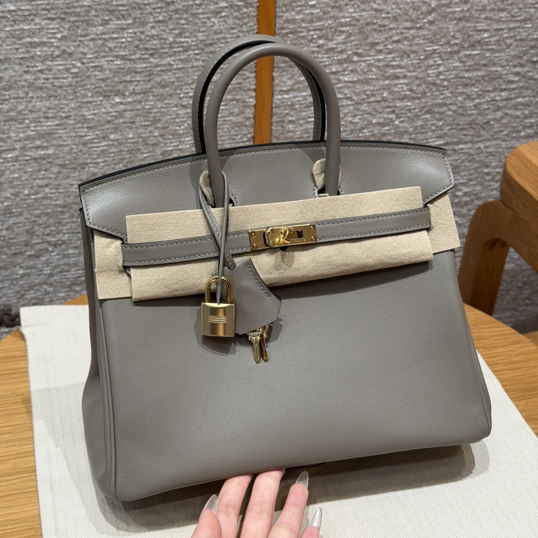 高仿Hermes*Birkin25系列H041344SWM8瀝青灰牛皮金扣純手工