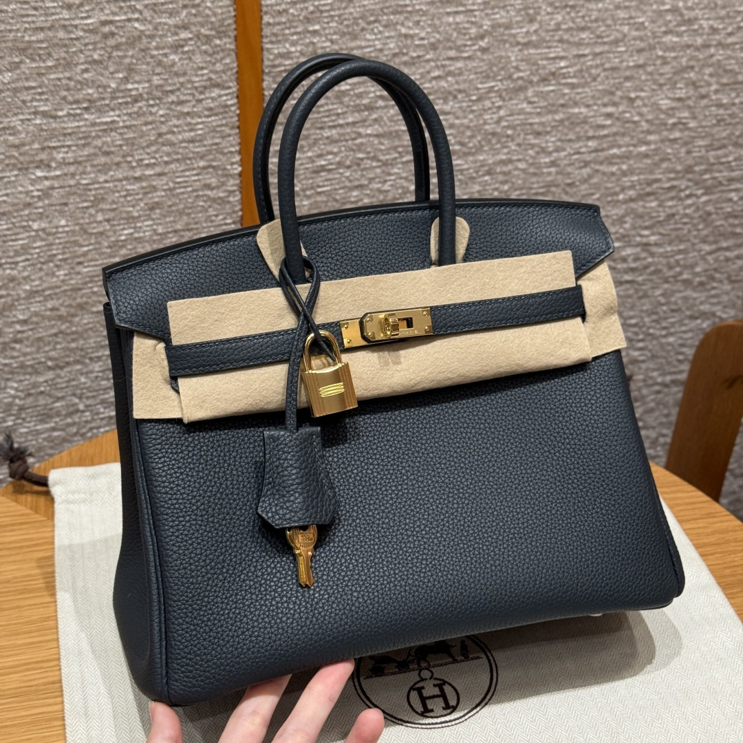 高仿Hermes*Birkin25系列H041344BO2Z午夜藍牛皮金扣純手工