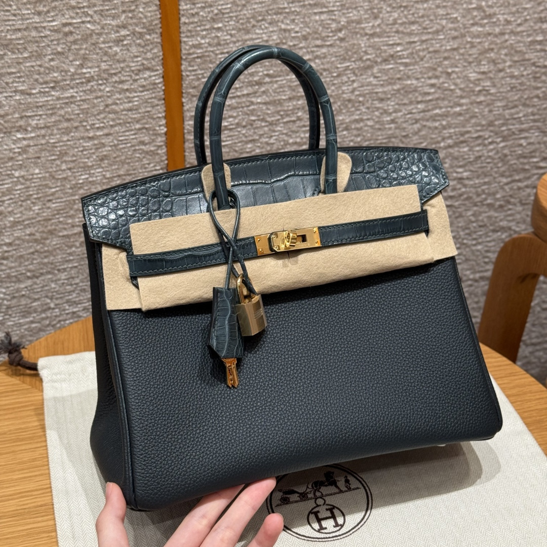 高仿Hermes*Birkin25系列H041344BOCM60松柏綠鱷魚皮拼牛皮金扣純手工