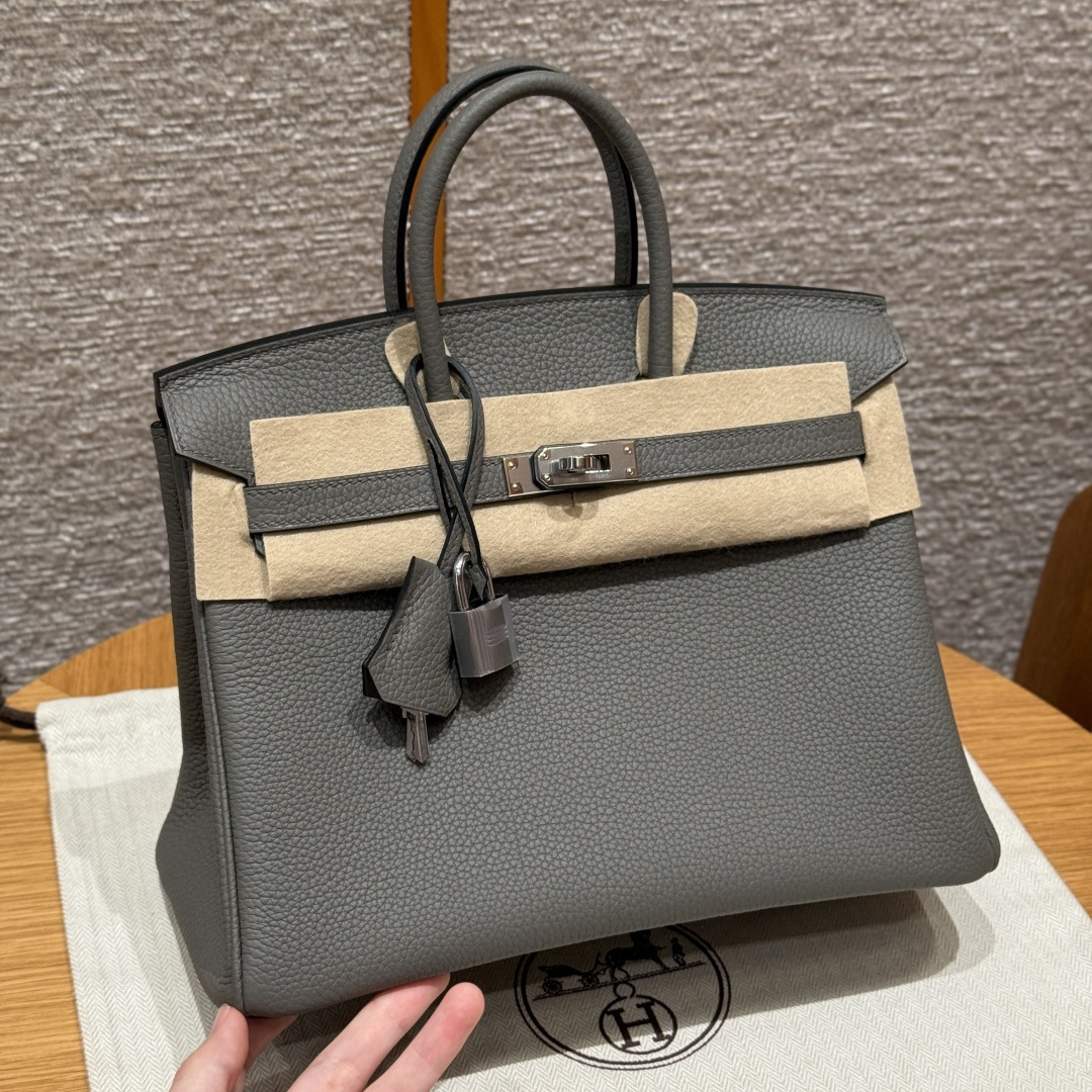 高仿Hermes*Birkin25系列H041344BO0L積雨雲灰牛皮銀扣純手工