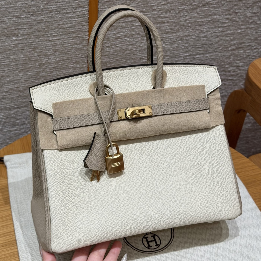 高仿Hermes*Birkin25系列H041344EPI2S2奶油白拼風衣灰牛皮金扣純手工