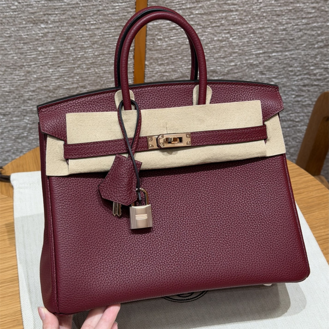高仿Hermes*Birkin25系列H041344BO57波爾多紅牛皮金扣純手工