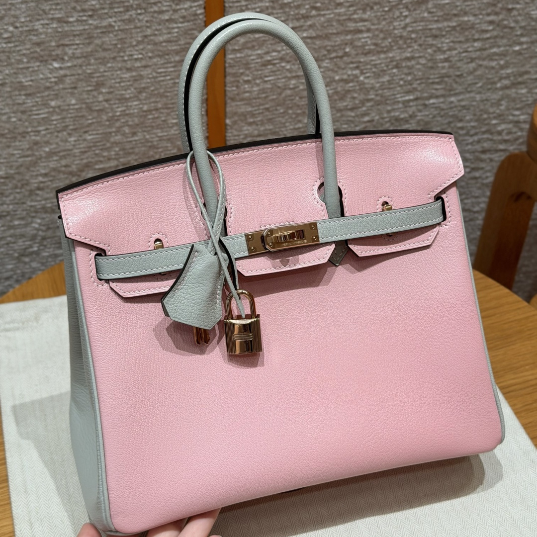 高仿Hermes*Birkin25系列H041344CA3Q80櫻花粉拼珍珠灰山羊皮金扣純手工
