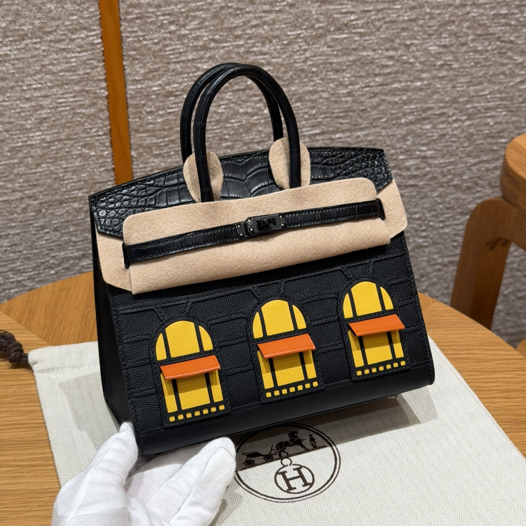 高仿Hermes*Birkin20系列H070807CM89黑房子鱷魚皮黑扣純手工
