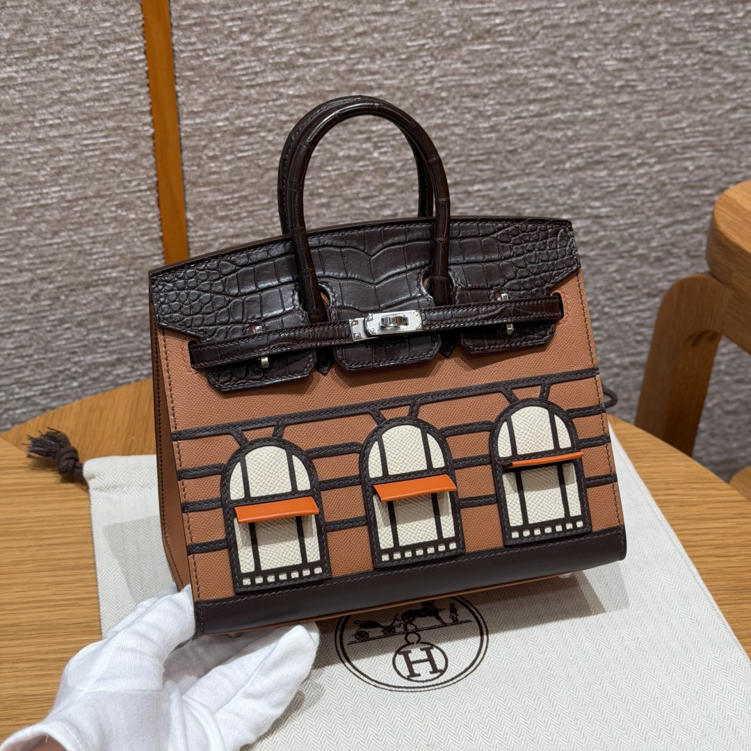 高仿Hermes*Birkin20系列H070807CM3746棕房子鱷魚皮銀扣純手工