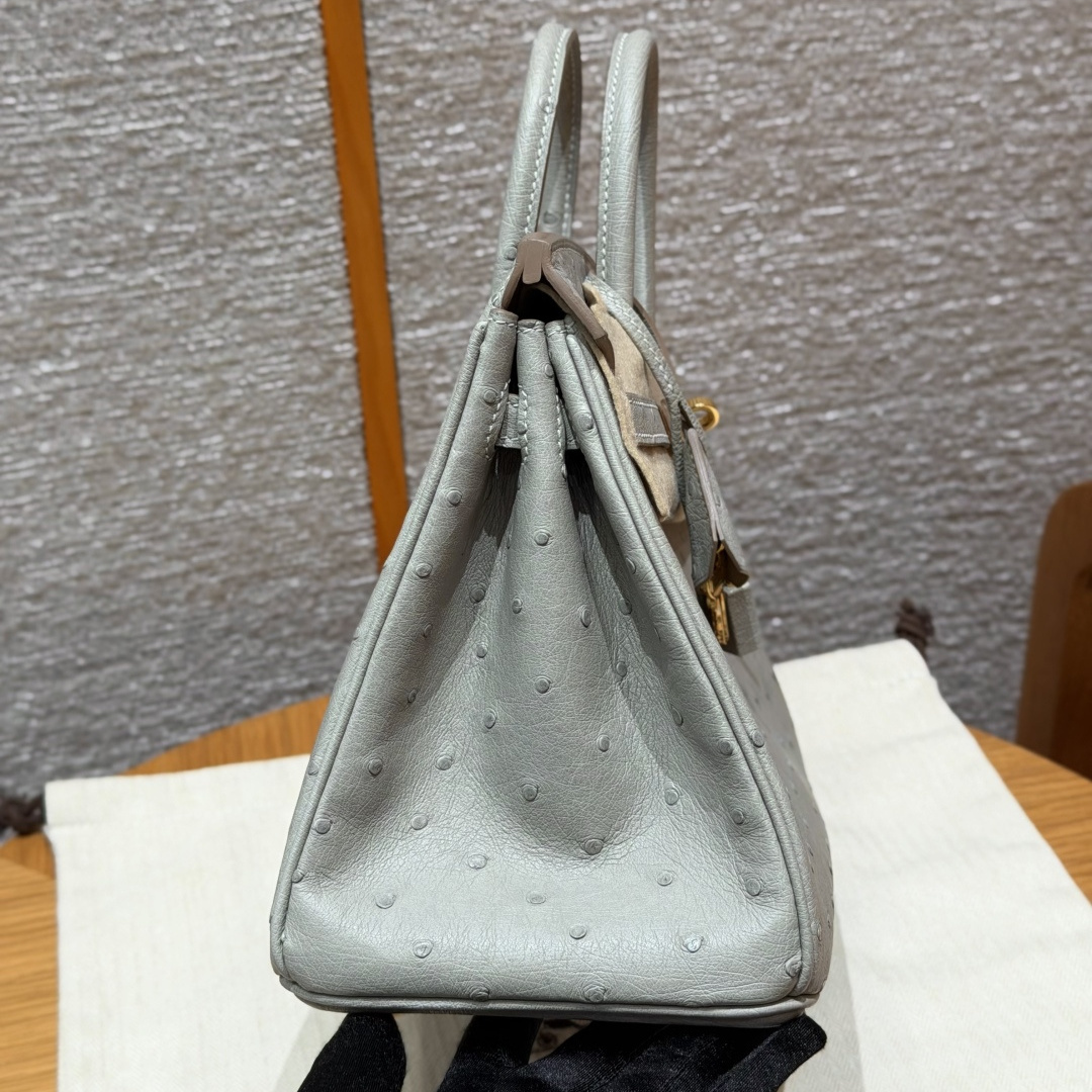 高仿Hermes*Birkin25系列H041344OS80珍珠灰鴕鳥皮金扣純手工