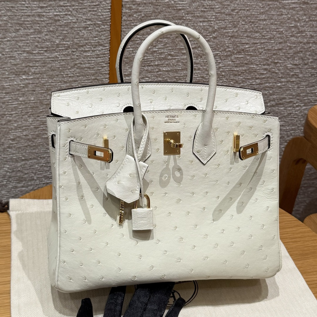 高仿Hermes*Birkin25系列H041344OS3C羊毛白鴕鳥皮金扣純手工