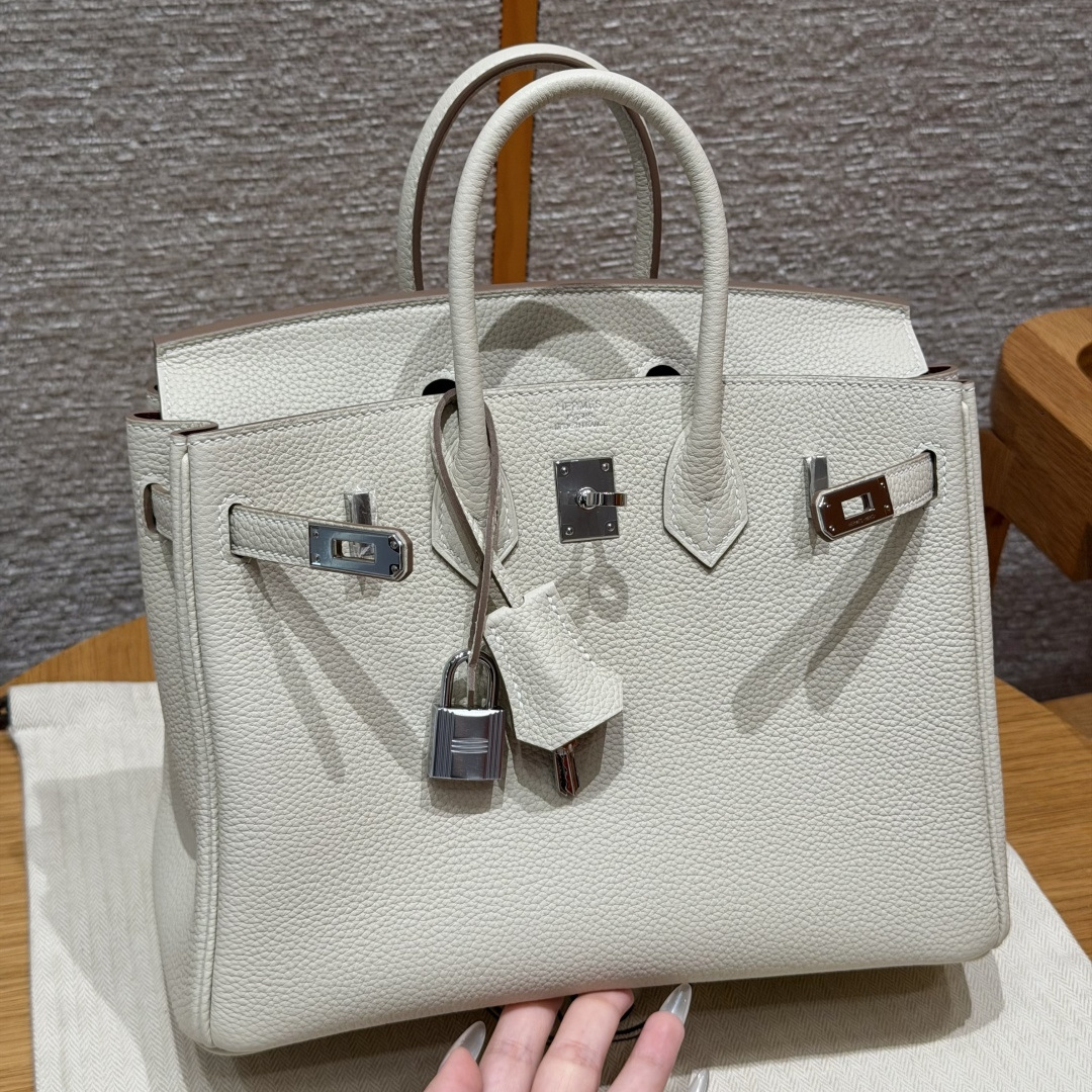 高仿Hermes*Birkin25系列H041344BO1057奶昔白拼波爾多紅牛皮銀扣純手工