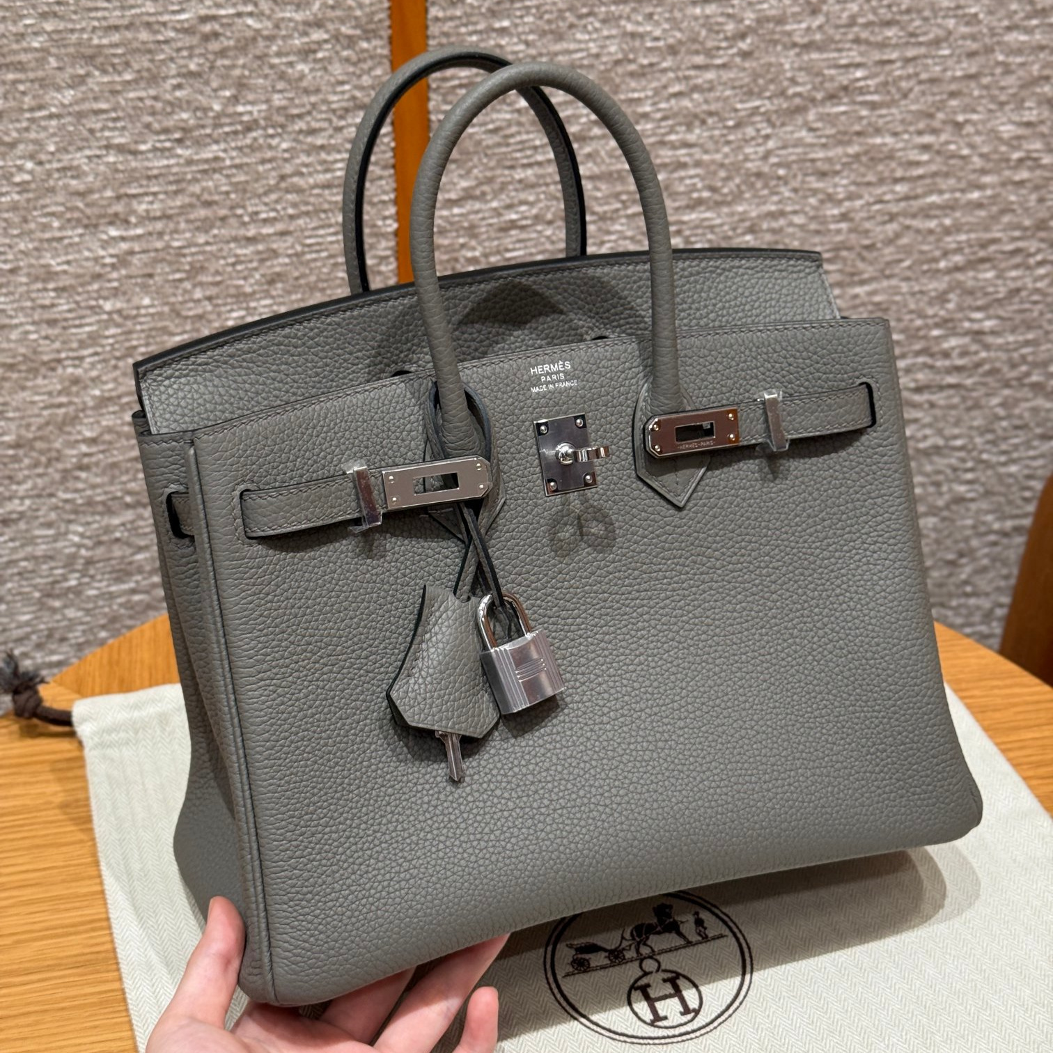 高仿Hermes*Birkin25系列H041344BO0L積雨雲灰牛皮銀扣純手工