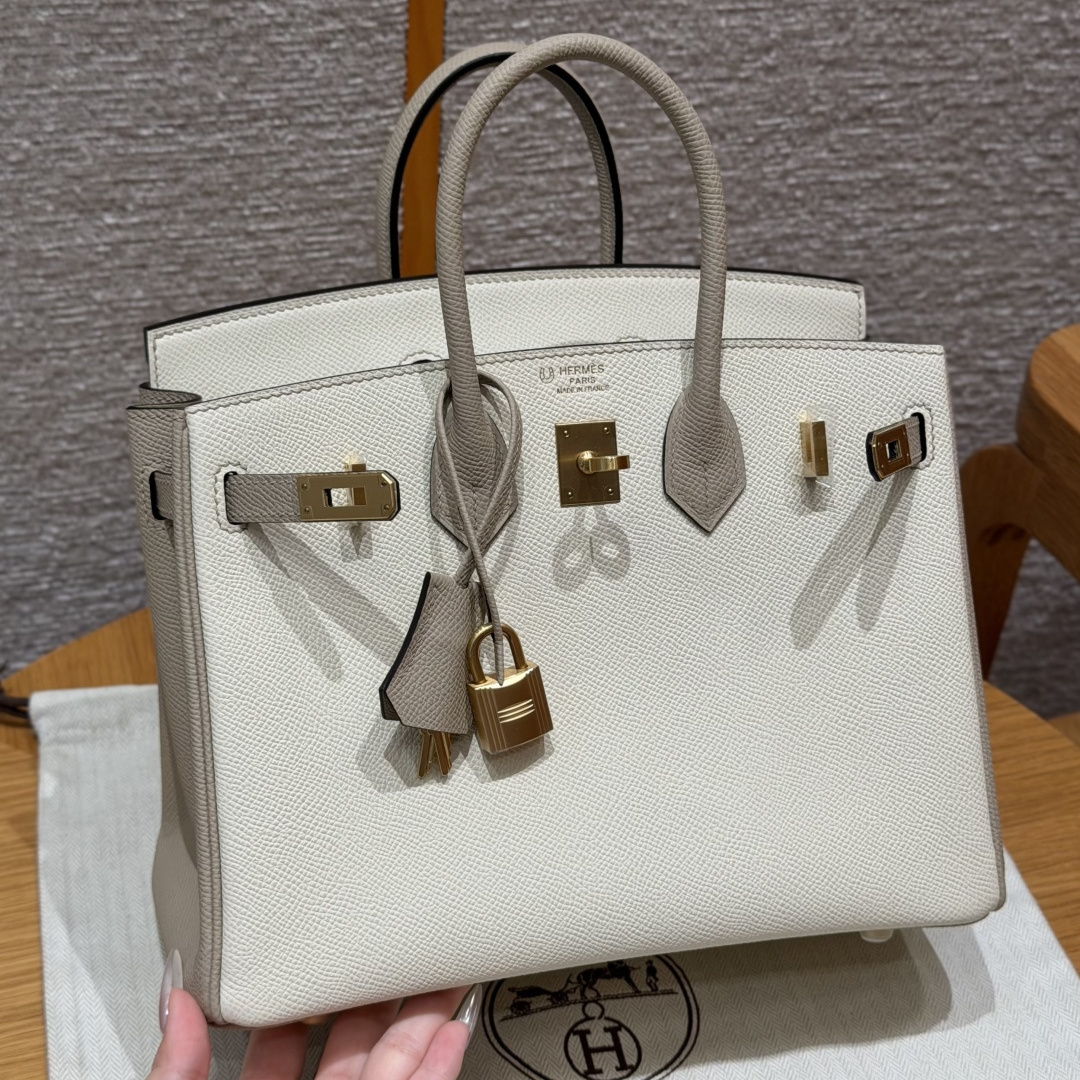 高仿Hermes*Birkin25系列H041344EPI2S2奶油白拼風衣灰牛皮金扣純手工