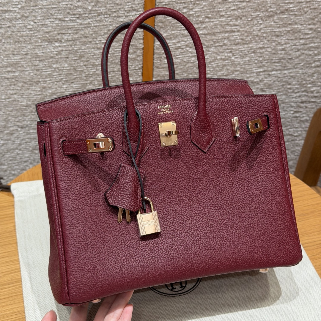 高仿Hermes*Birkin25系列H041344BO57波爾多紅牛皮金扣純手工