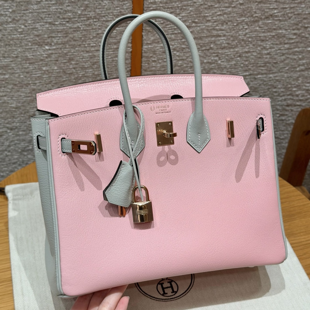 高仿Hermes*Birkin25系列H041344CA3Q80櫻花粉拼珍珠灰山羊皮金扣純手工