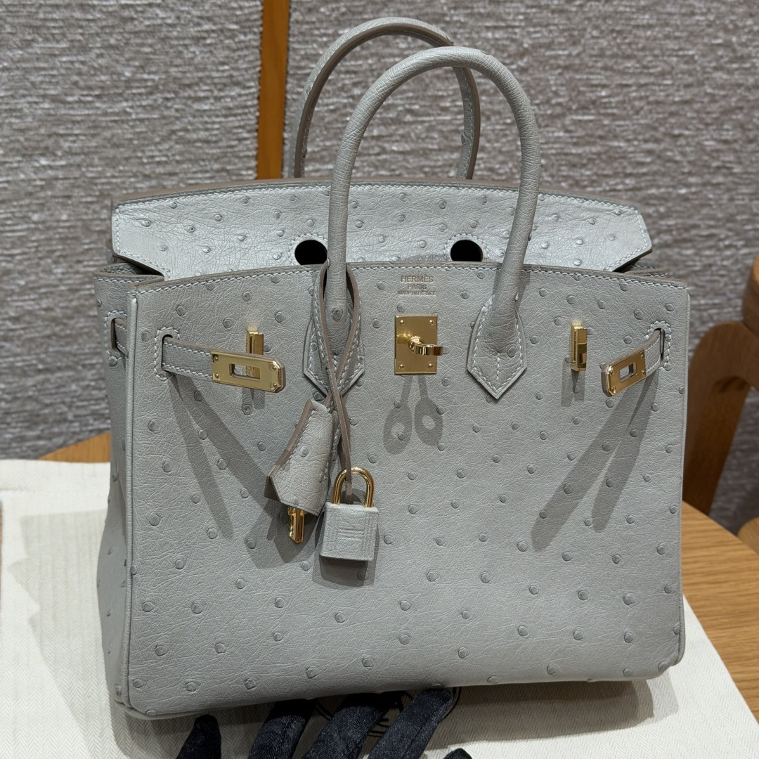 高仿Hermes*Birkin25系列H041344OS80珍珠灰鴕鳥皮金扣純手工