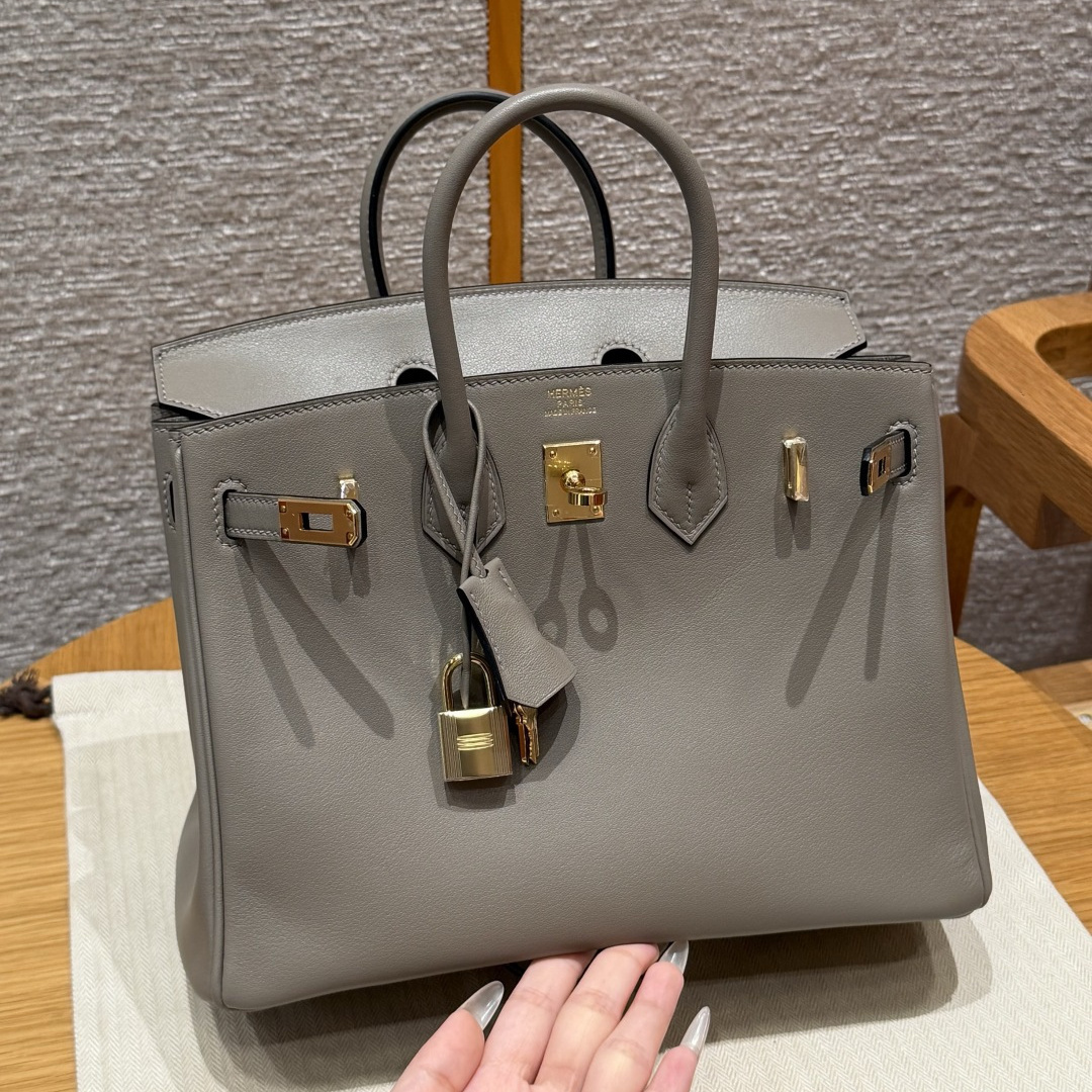 高仿Hermes*Birkin25系列H041344SWM8瀝青灰牛皮金扣純手工