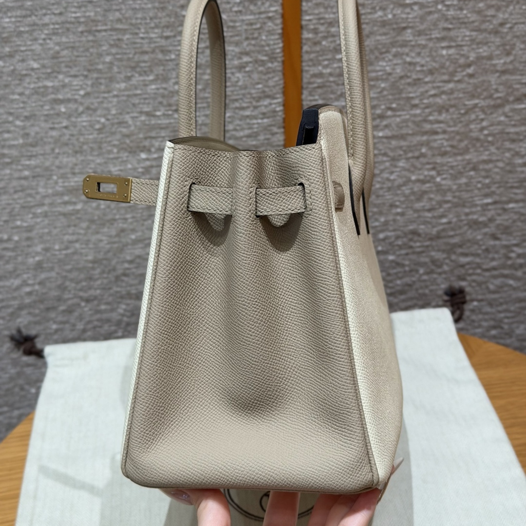 高仿Hermes*Birkin25系列H041344EPI2S2奶油白拼風衣灰牛皮金扣純手工