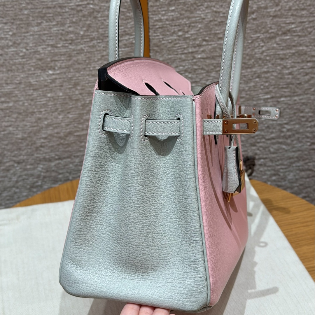 高仿Hermes*Birkin25系列H041344CA3Q80櫻花粉拼珍珠灰山羊皮金扣純手工