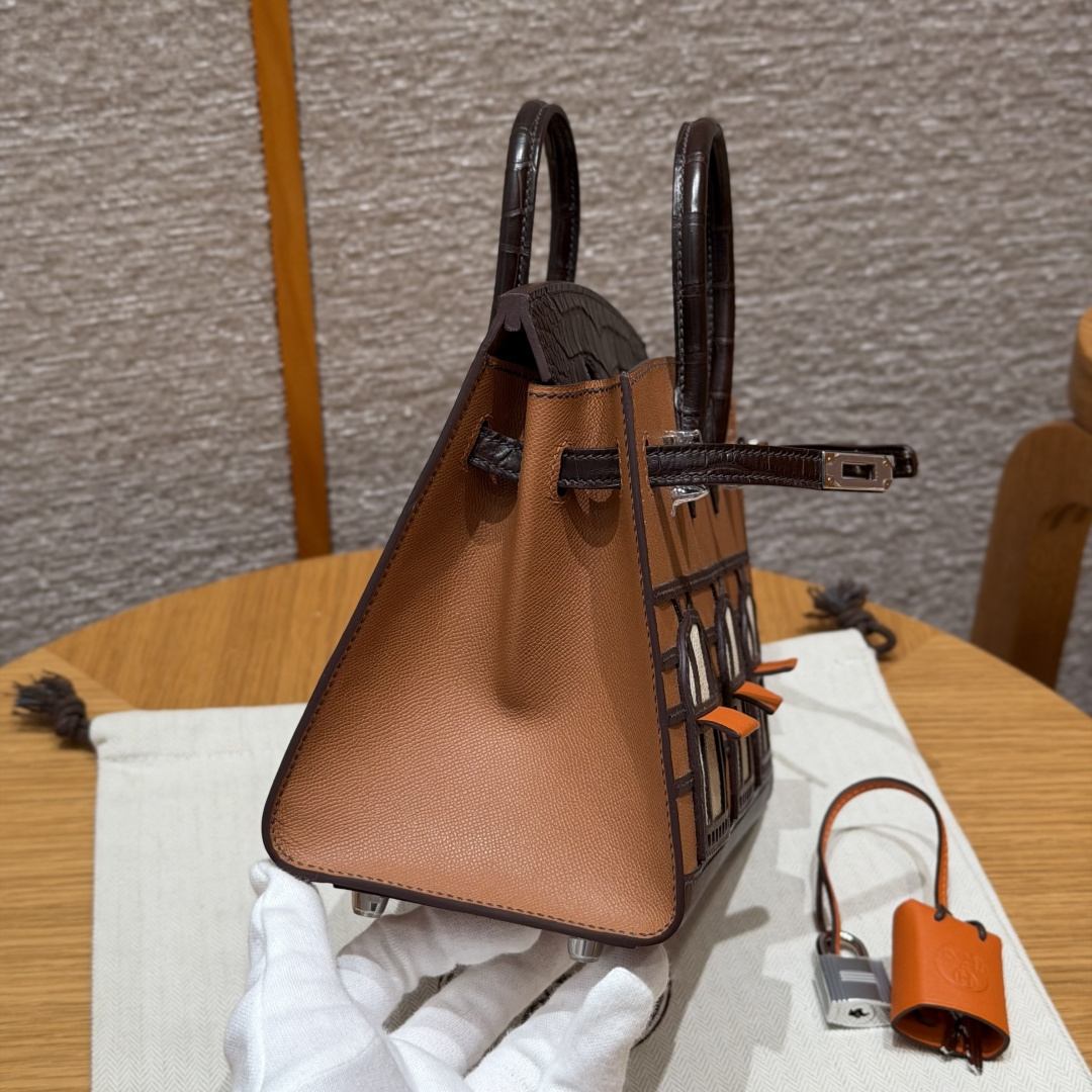 高仿Hermes*Birkin20系列H070807CM3746棕房子鱷魚皮銀扣純手工