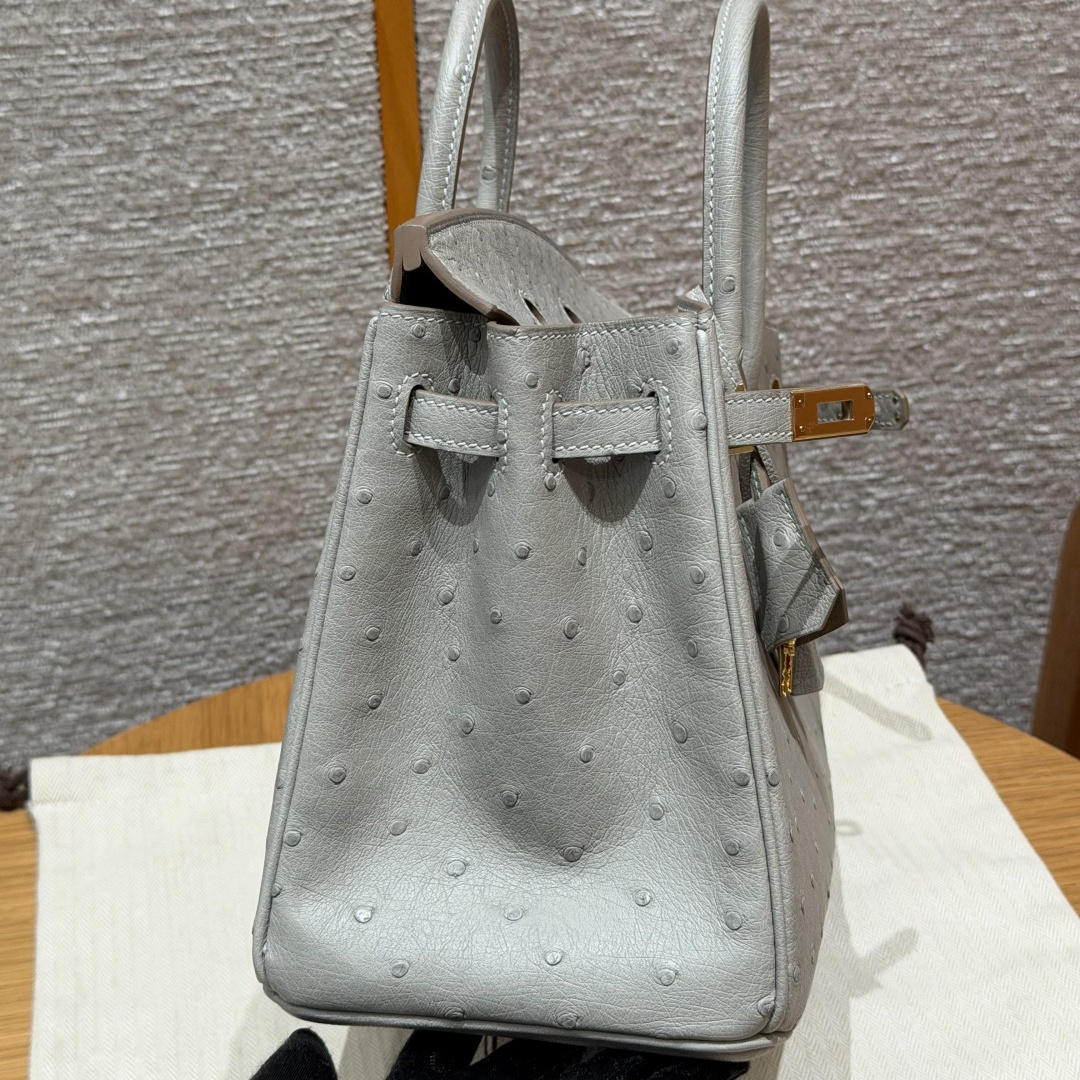 高仿Hermes*Birkin25系列H041344OS80珍珠灰鴕鳥皮金扣純手工