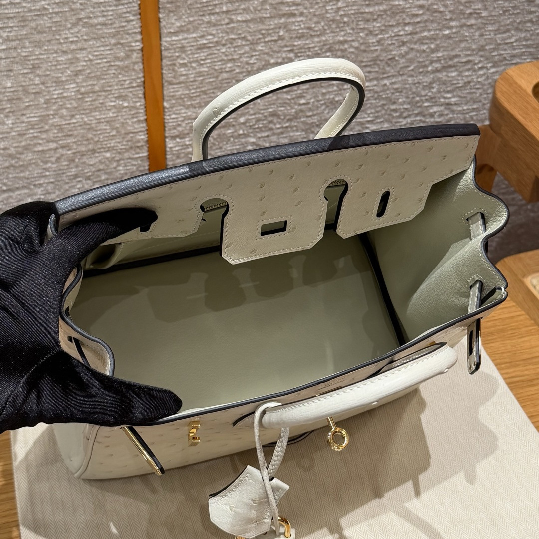 高仿Hermes*Birkin25系列H041344OS3C羊毛白鴕鳥皮金扣純手工