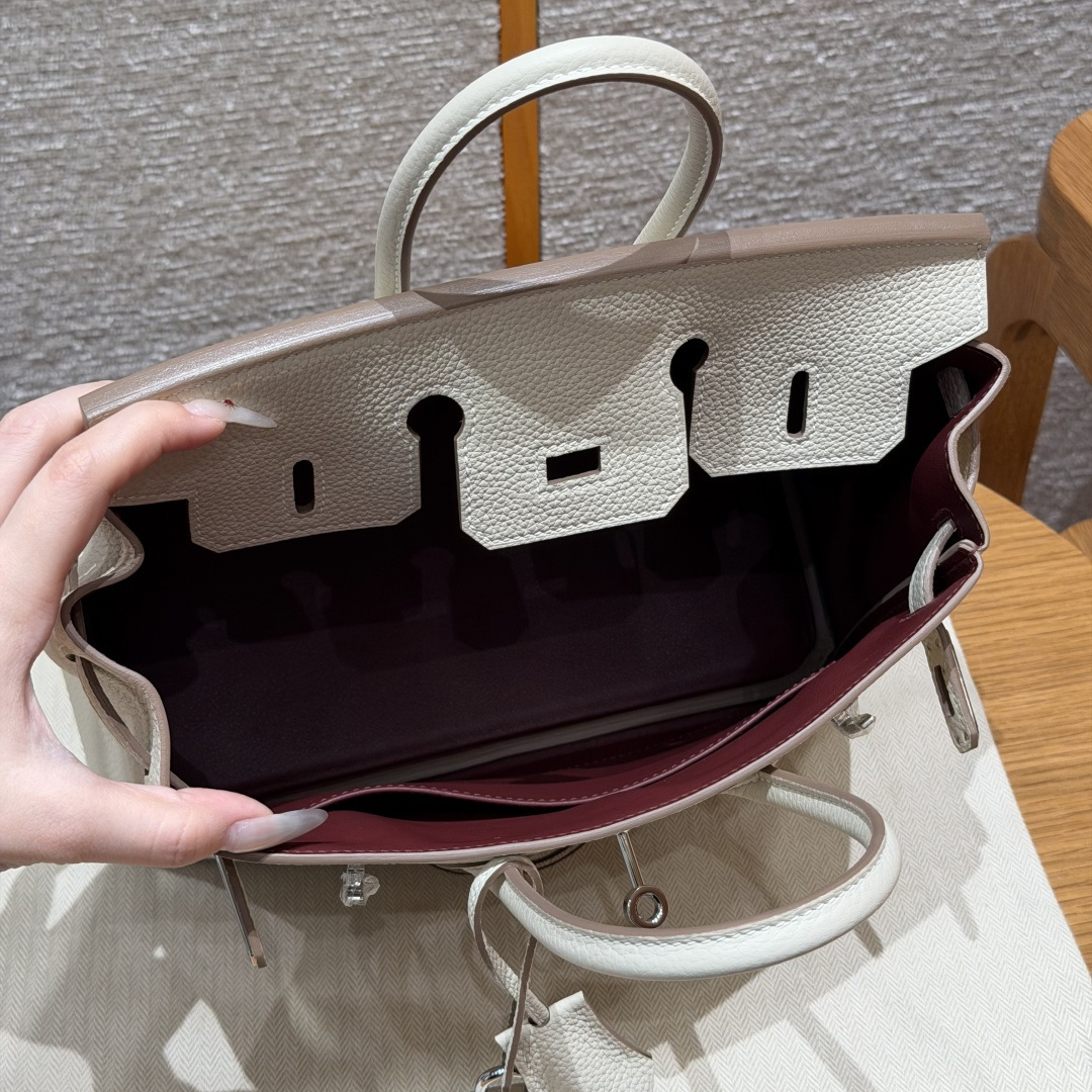 高仿Hermes*Birkin25系列H041344BO1057奶昔白拼波爾多紅牛皮銀扣純手工